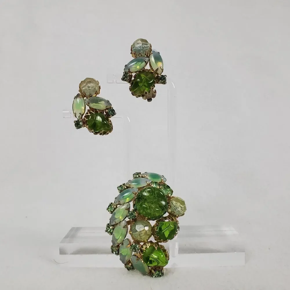 Vintage MCM Green Rhinestone Gold Tone Brooch and Earrings Set
